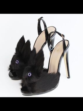 Black Bunny Fur Slingback Heels - Women
